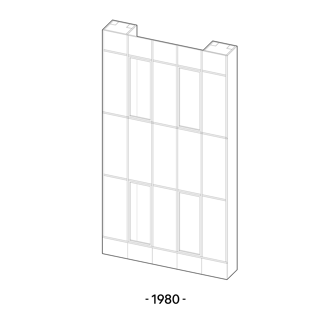 Axonometric drawing of a simplified curtain wall grid with vertical and horizontal mullions