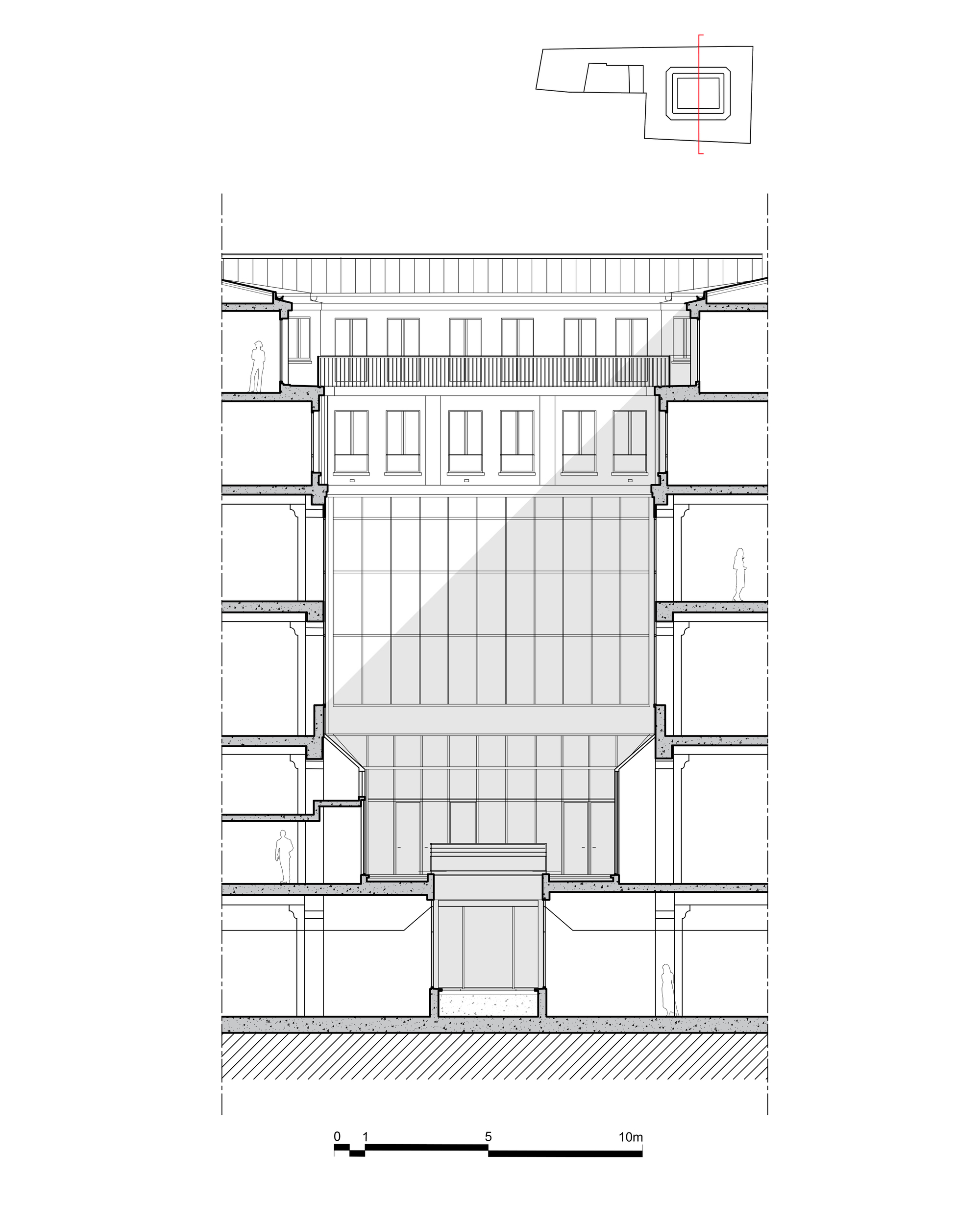 Section drawing showing a central atrium with flanking floor slabs and rooftop structure