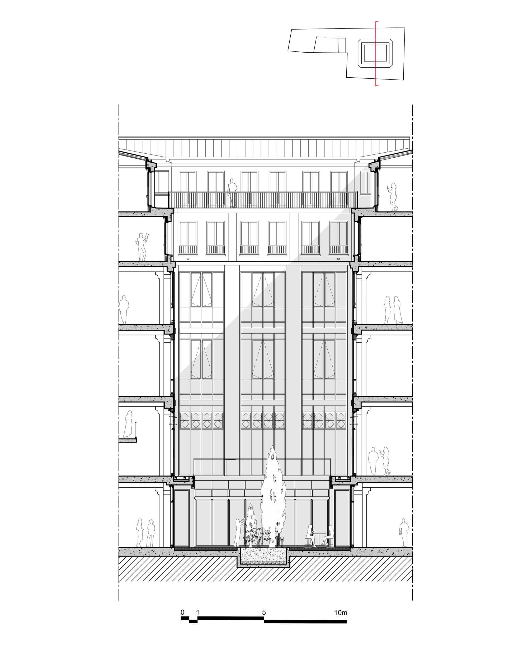 Section drawing showing a full-height glazed atrium with balconies and figures for scale