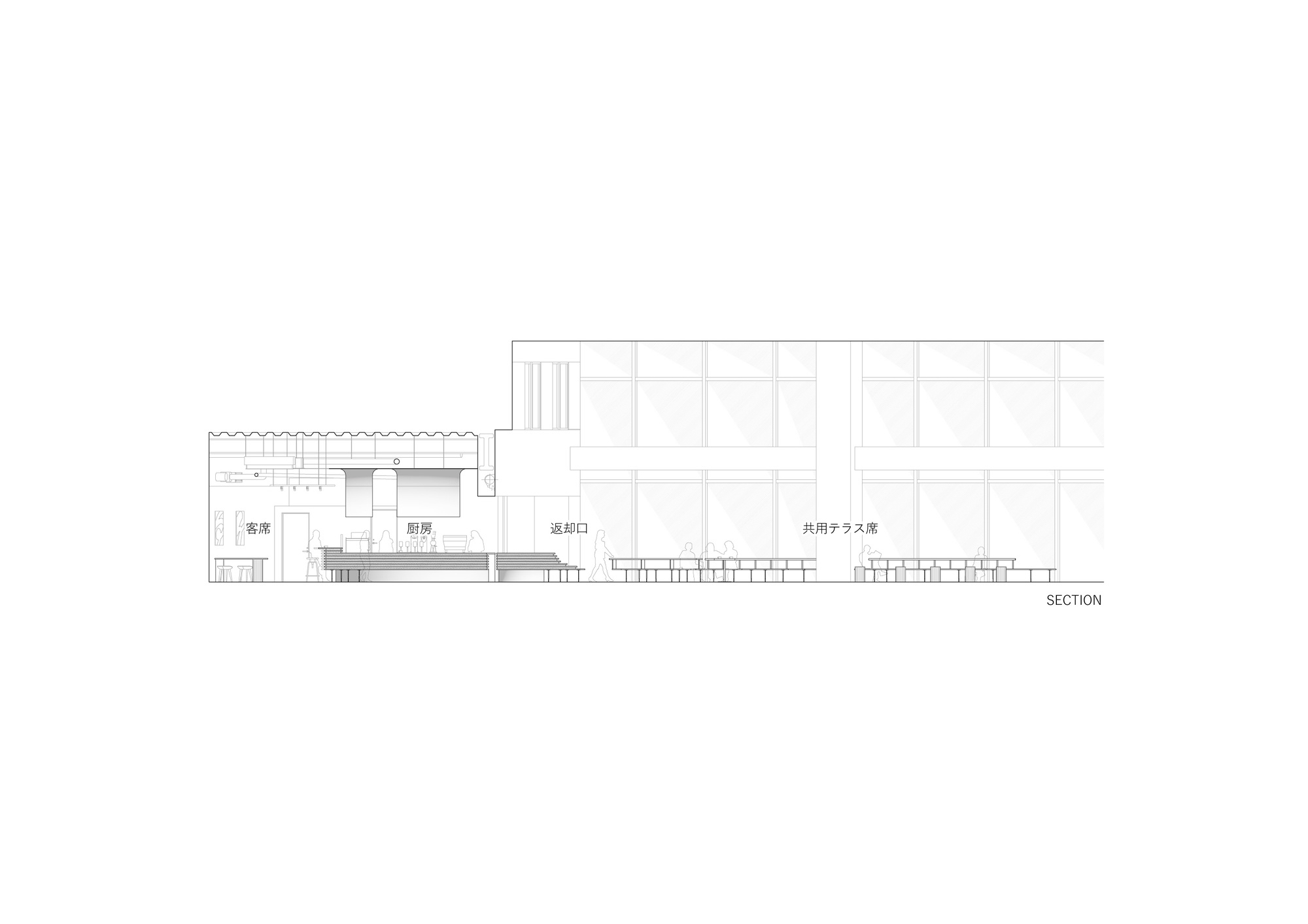 Building section drawing showing interior spaces adjacent to a multi-story glazed facade