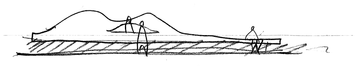 Sketch elevation showing undulating roofline with figures walking across horizontal planes