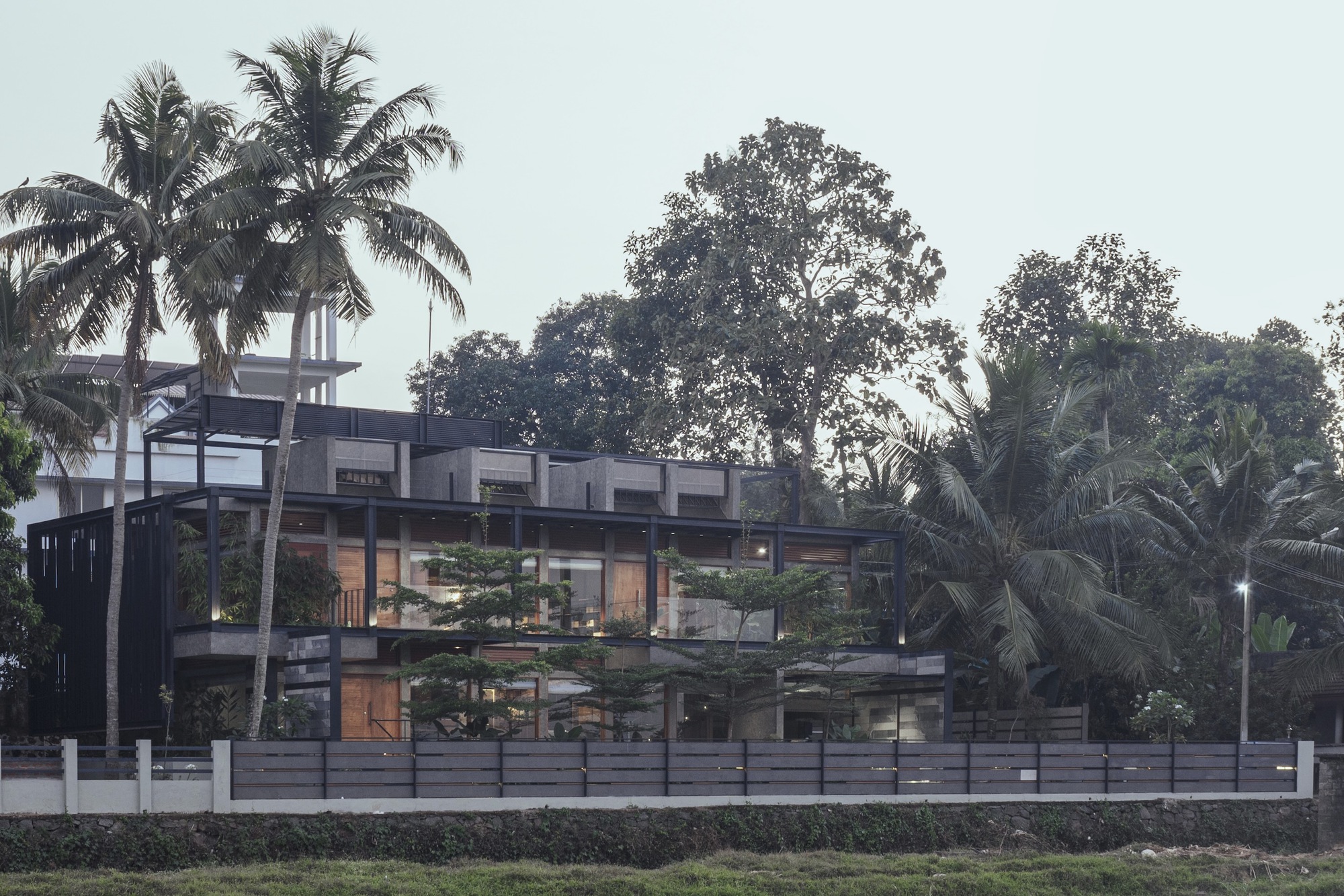 Street elevation showing layered concrete floors and glass walls framed by palm trees and tropical foliage