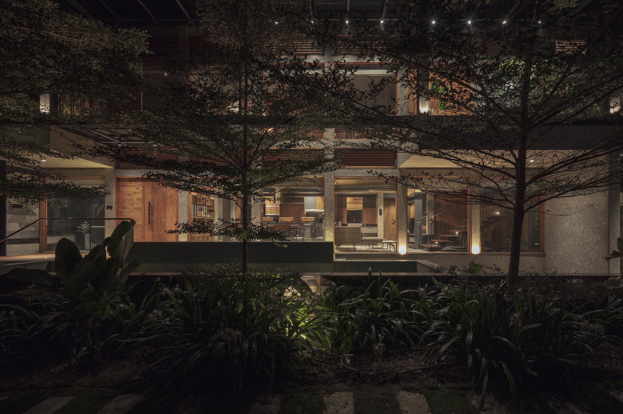 Night view of illuminated interior spaces behind floor-to-ceiling glass with mature trees in planted courtyard