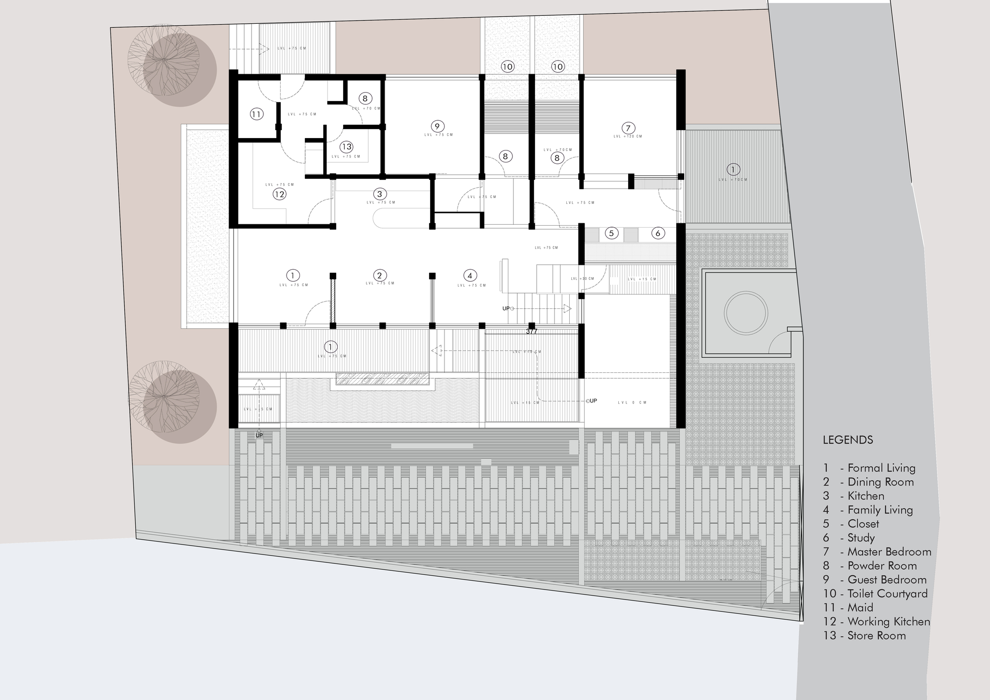 Floor plan drawing showing bedroom wing and open living areas around a central reflecting pool