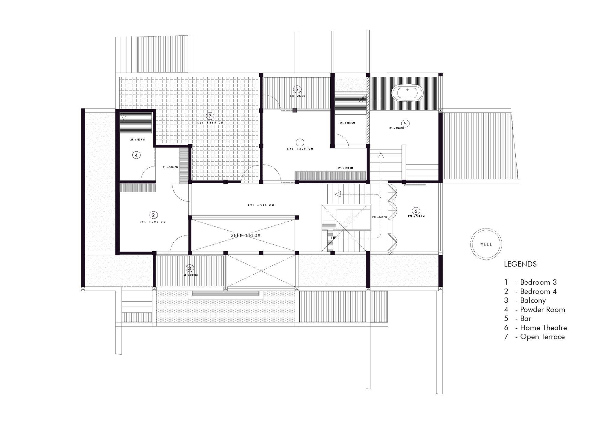 Floor plan drawing showing bedroom layout with central staircase, balconies, and open terrace