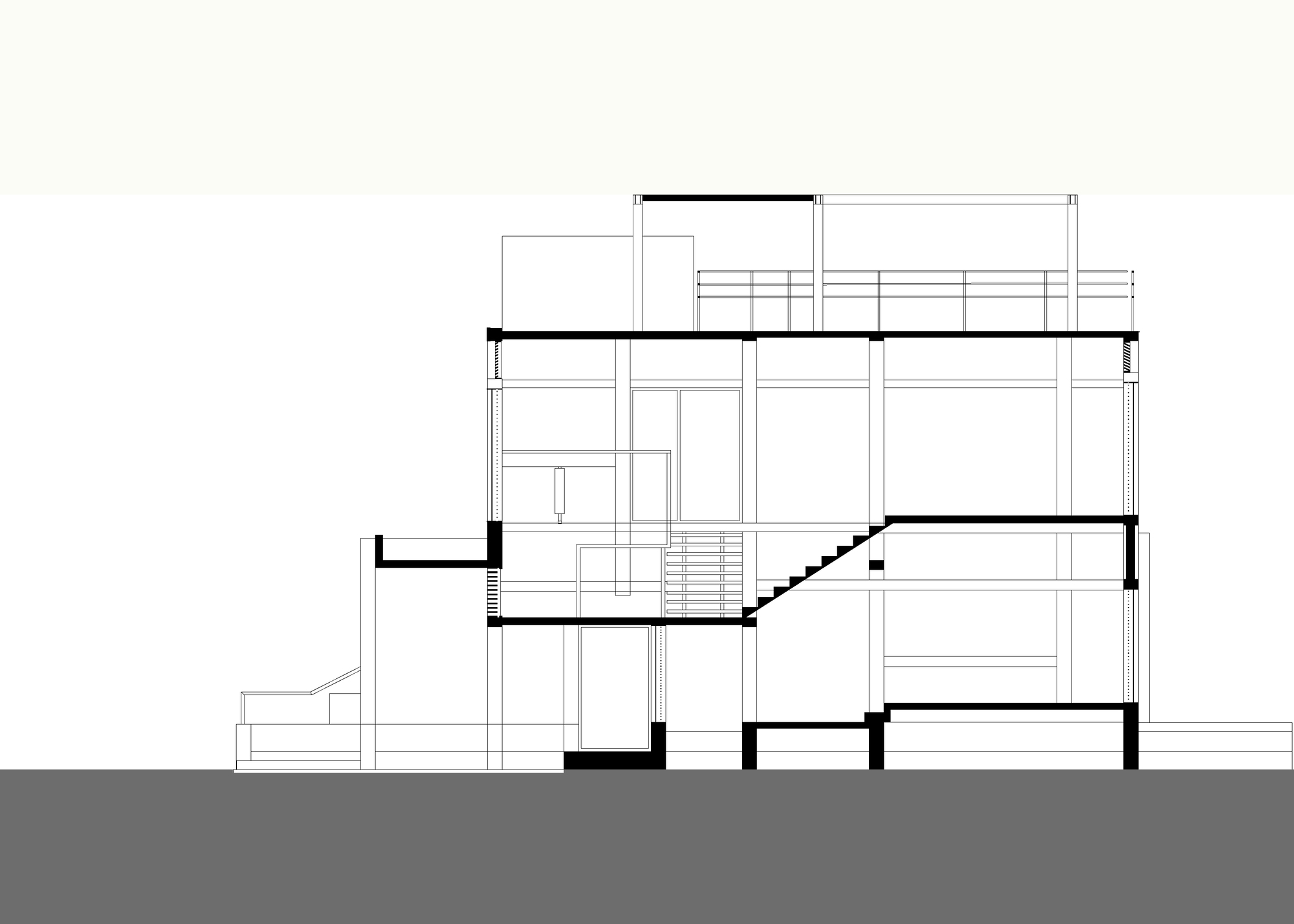 Section drawing showing the stepped interior volumes and circulation through three levels
