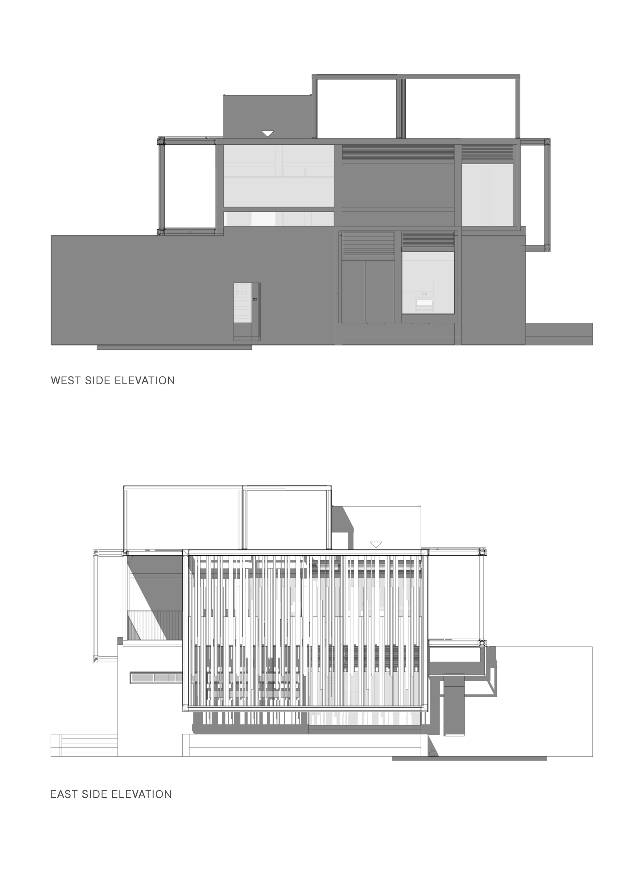 Elevation drawings showing west facade with stacked volumes and east facade with vertical screen elements