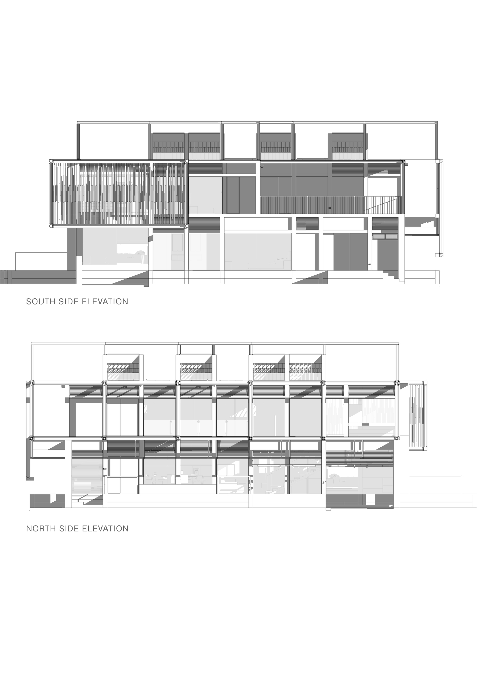 Elevation drawings showing south facade with vertical louvres and north facade with horizontal banding