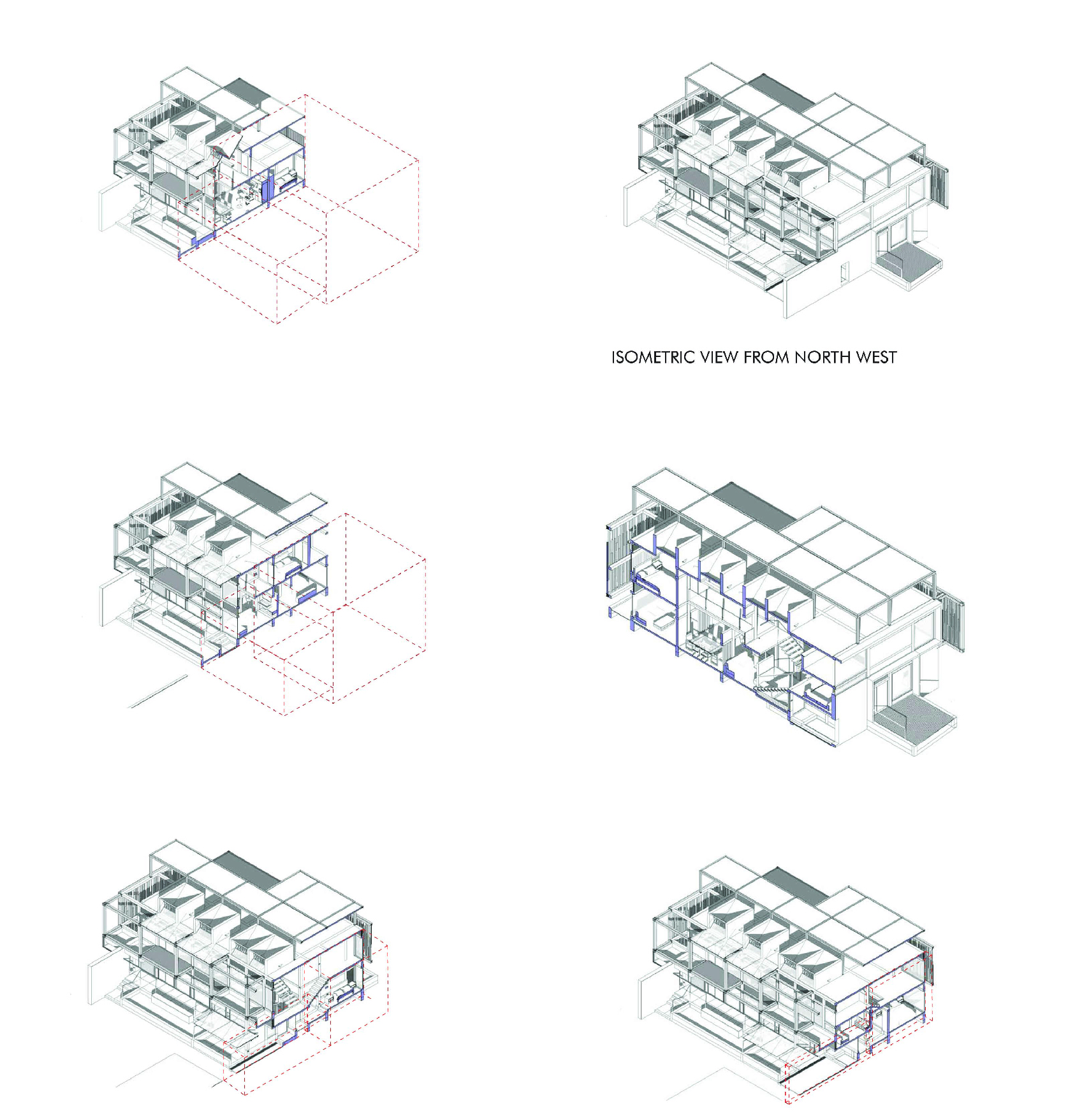 Isometric drawings showing the layered structure and circulation paths from multiple viewing angles