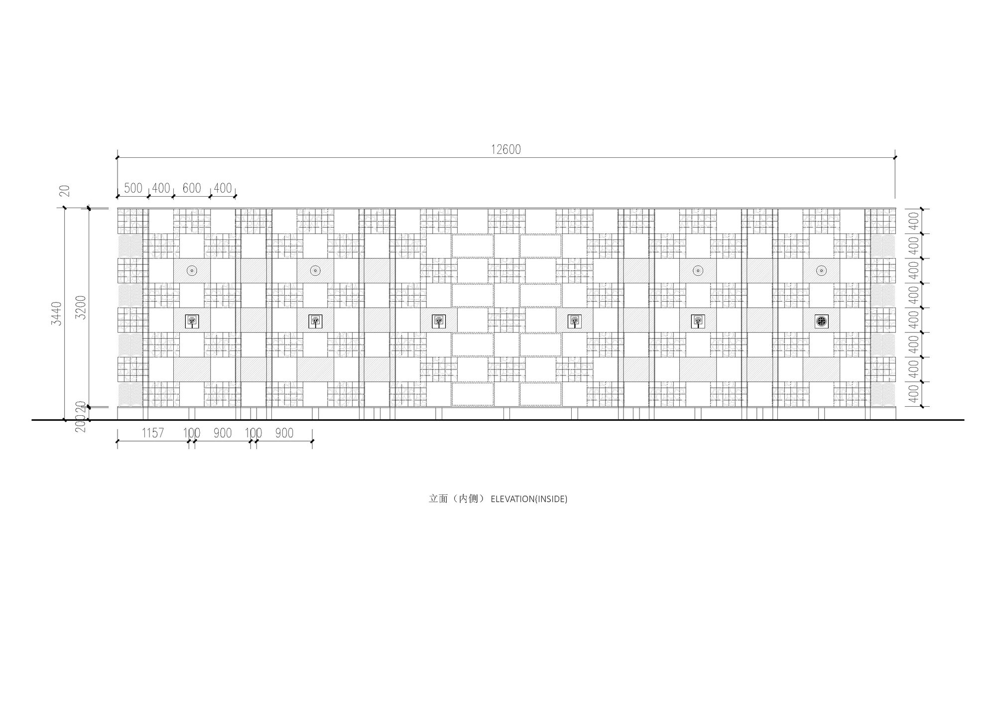 Elevation drawing depicting the patterned brick facade with regular openings and vertical elements
