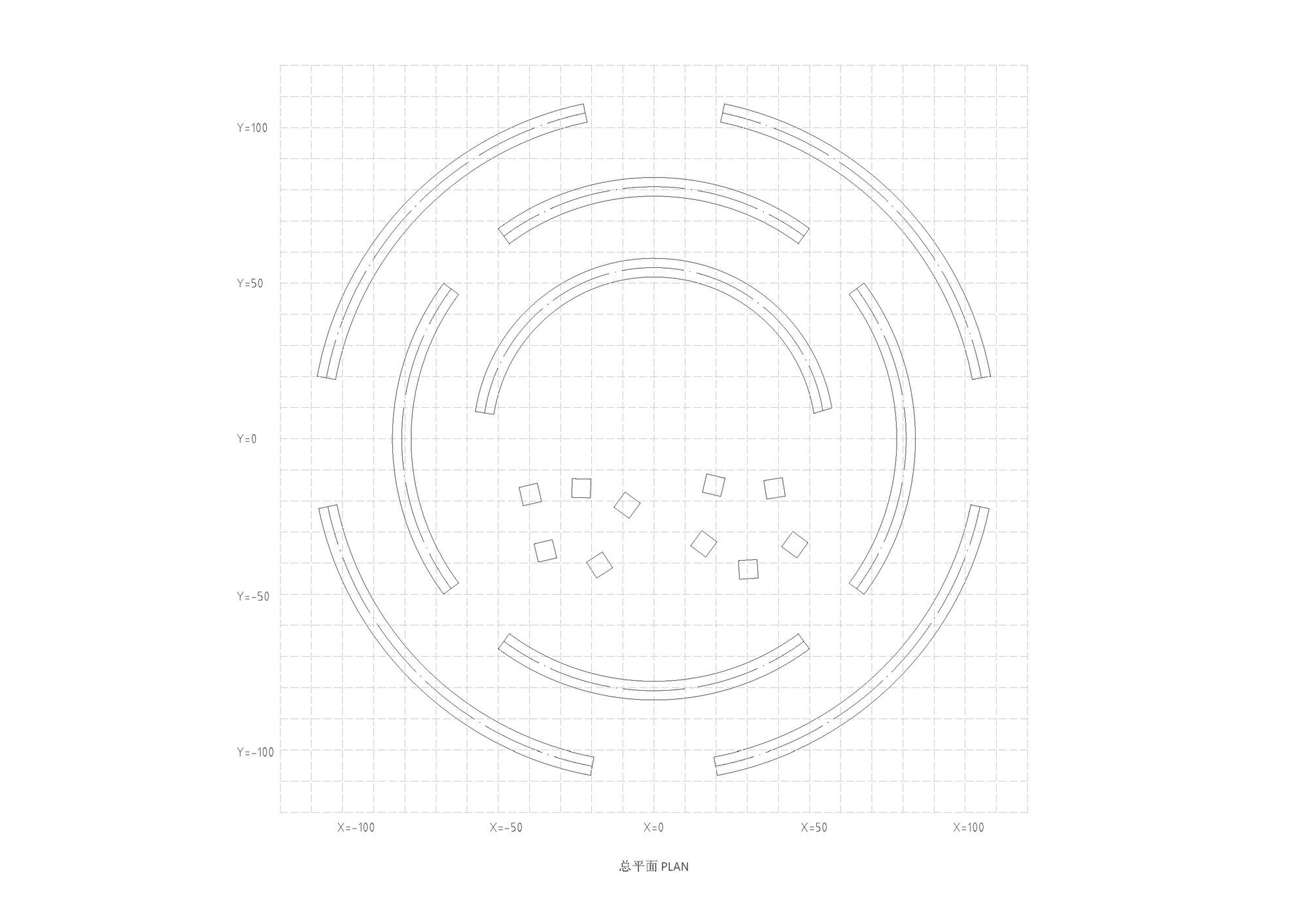 Plan drawing showing concentric circular walls with radiating segments and scattered elements in the center