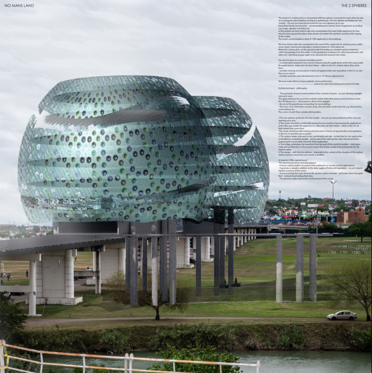 Twin spheres rise as a symbolic gateway between past and future.
