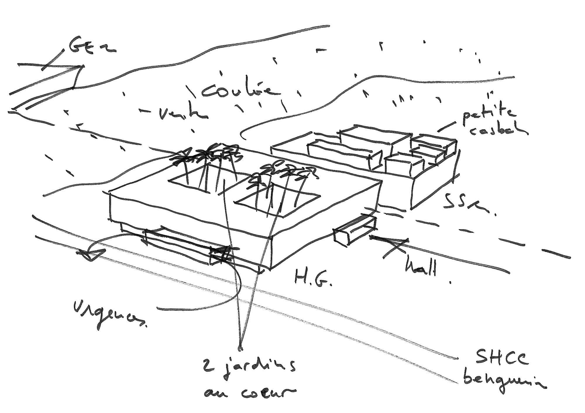 Axonometric sketch showing central courtyard spaces surrounded by building volumes and circulation paths