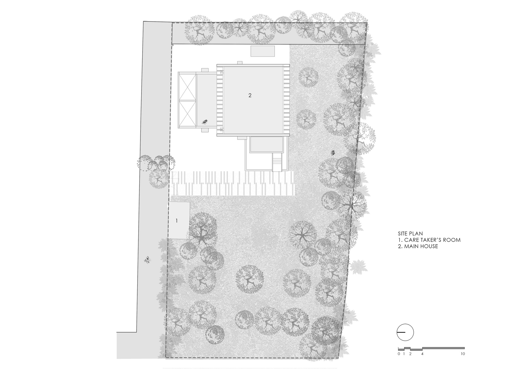 Site plan drawing showing two structures and a caretaker's room surrounded by trees