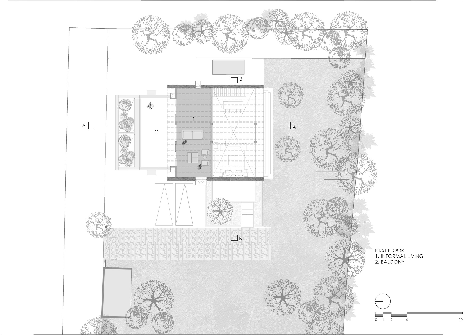 First floor plan drawing showing informal living area with balcony overlooking site