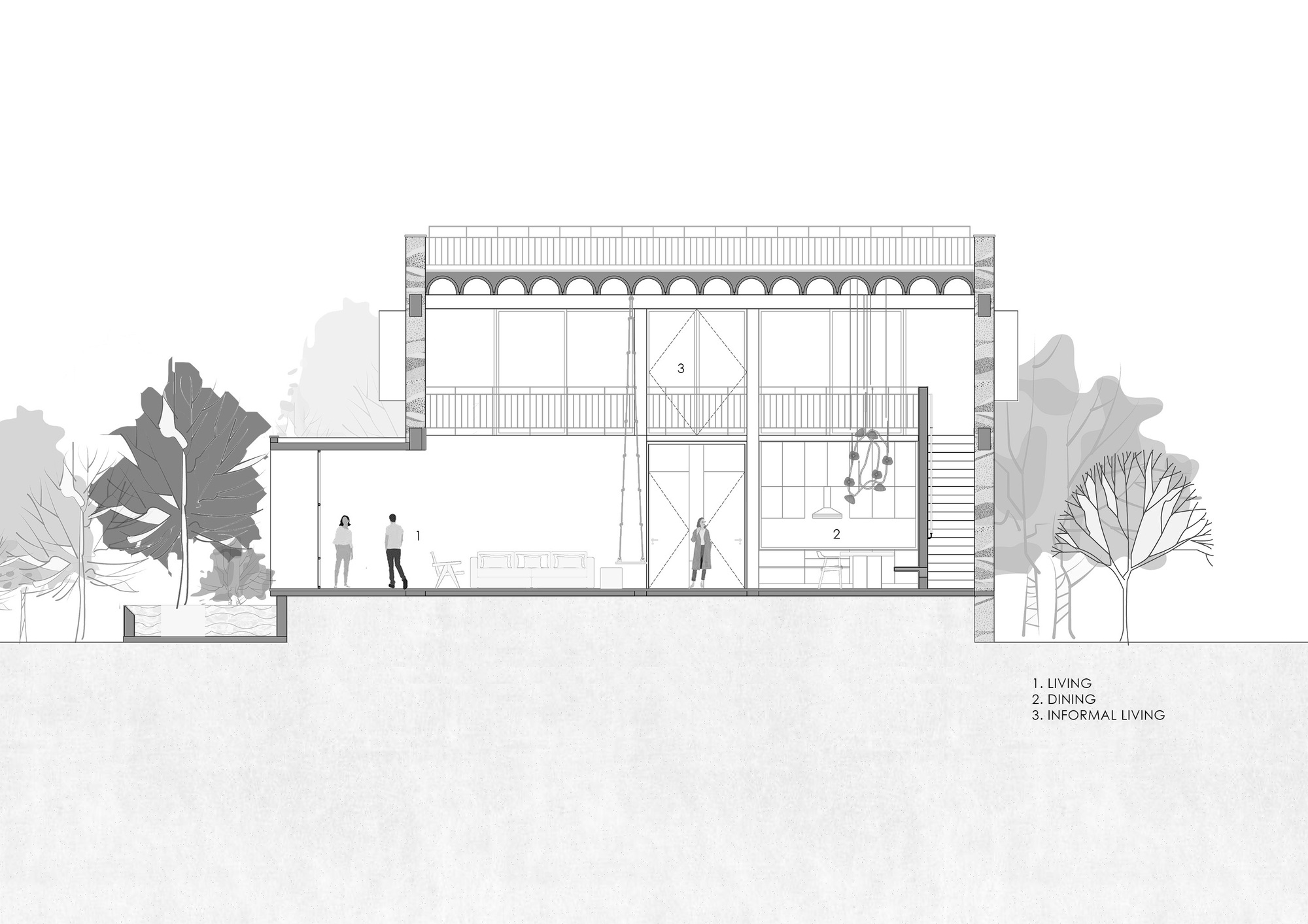 Section drawing revealing staircase circulation and vaulted ceiling with figures standing in living area
