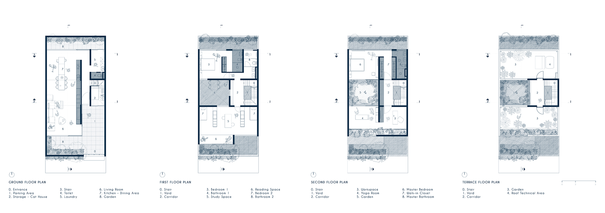 Four floor plan drawings displaying the progression from ground level parking through residential spaces to rooftop garden