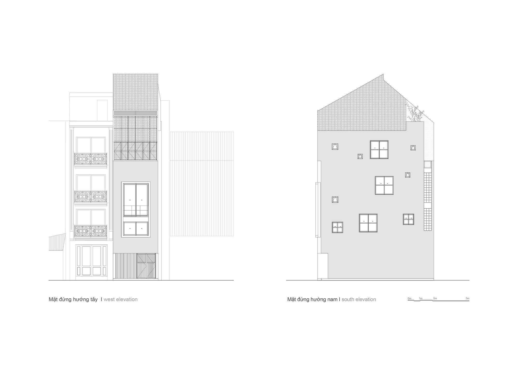 Elevation drawings showing the street facade and south facade with windows and roofline
