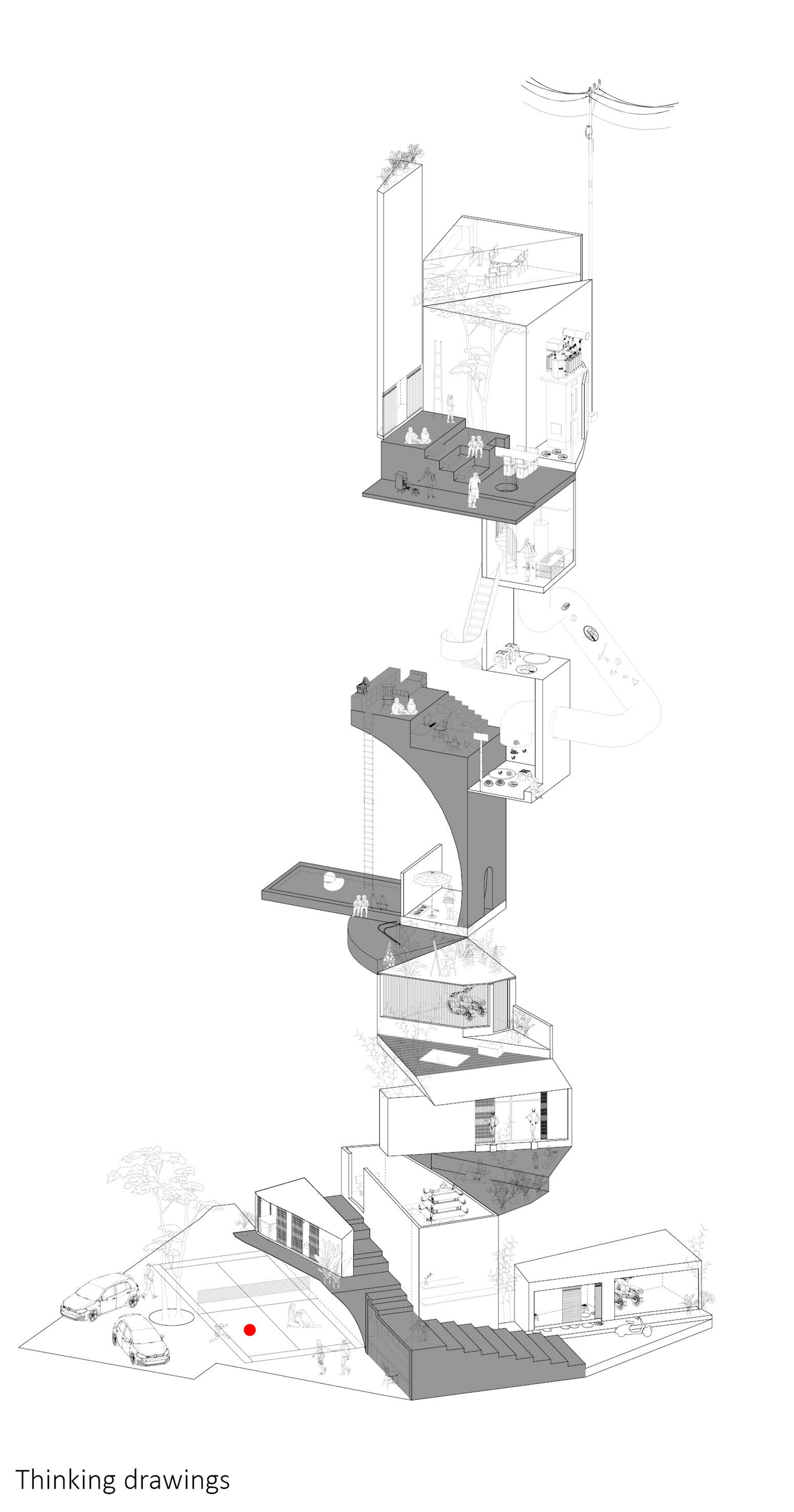 Axonometric drawing showing stacked floor plates with stairs spiraling through the vertical volume