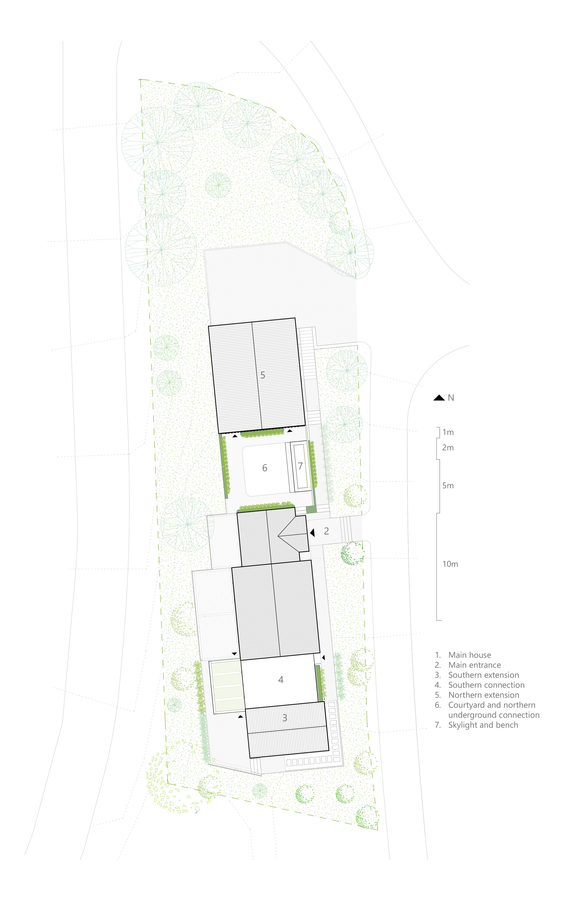 Site plan drawing showing three volumes connected by courtyards and surrounded by landscaping