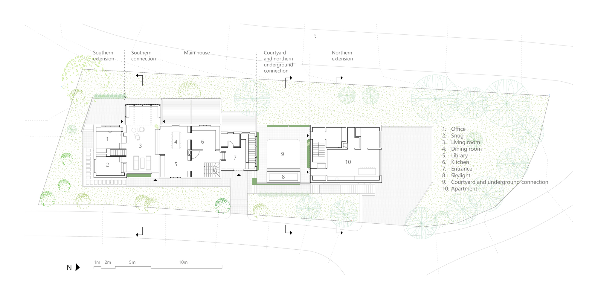 Floor plan drawing showing main house and extensions linked by courtyards with planted areas