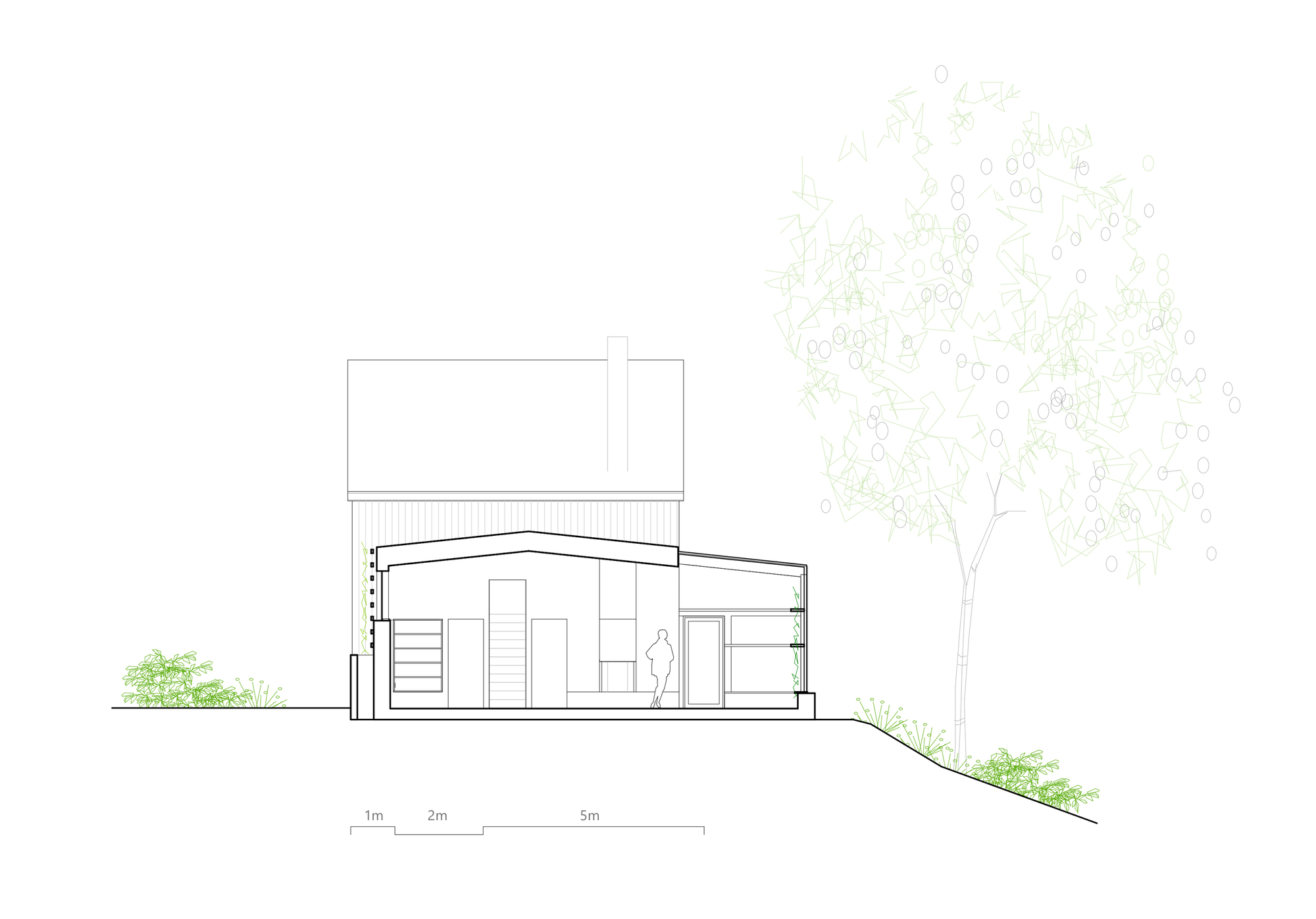 Section drawing showing sloped roof extension with stair and figure on sloping terrain