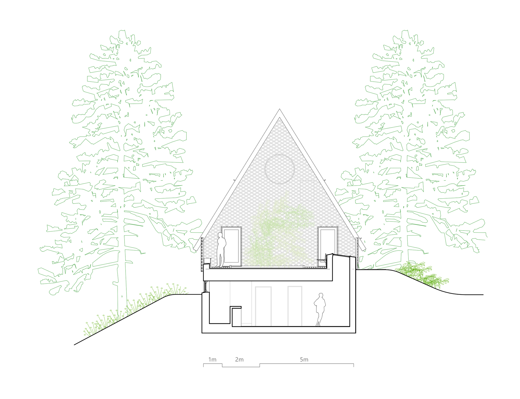 Section drawing showing triangular pitched roof volume with figure and surrounding trees