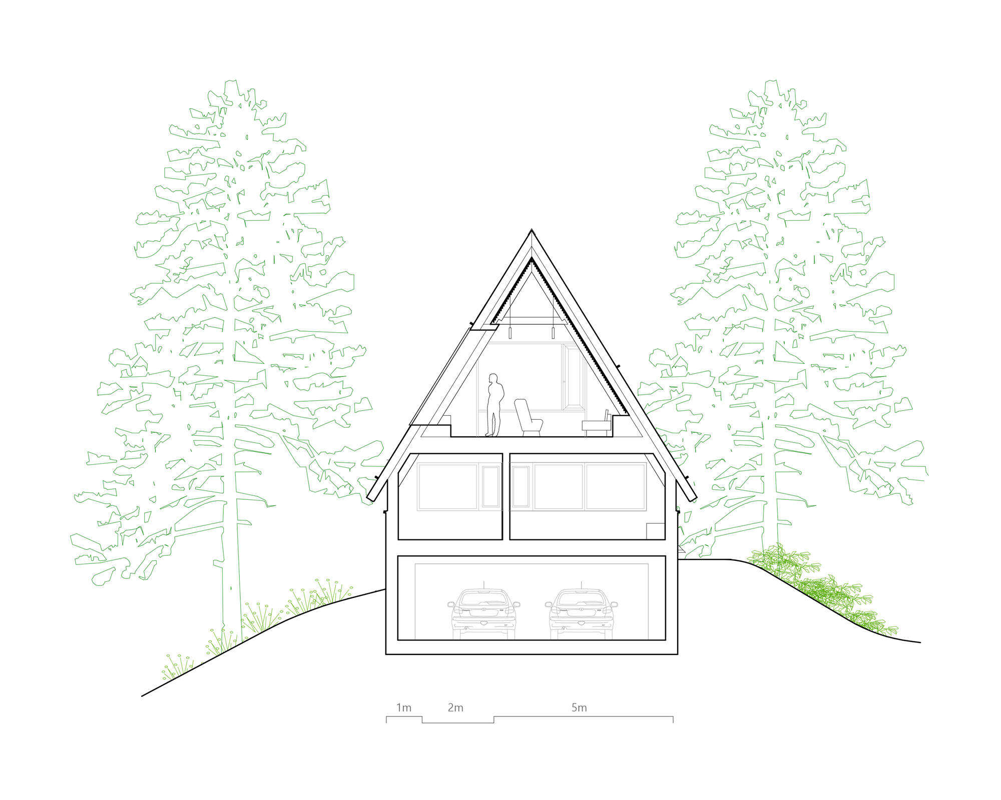 Section drawing showing a steep triangular roof structure with garage below and trees flanking the slope