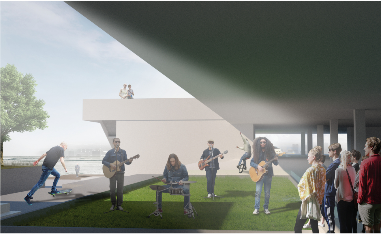 Public performance spaces activate the ground plane, blending everyday life with music and informal cultural expression.