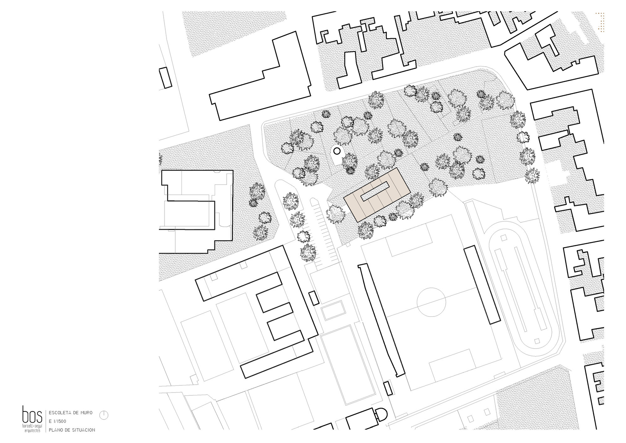 Site plan drawing depicting a landscaped plaza with trees and a central building near athletic fields