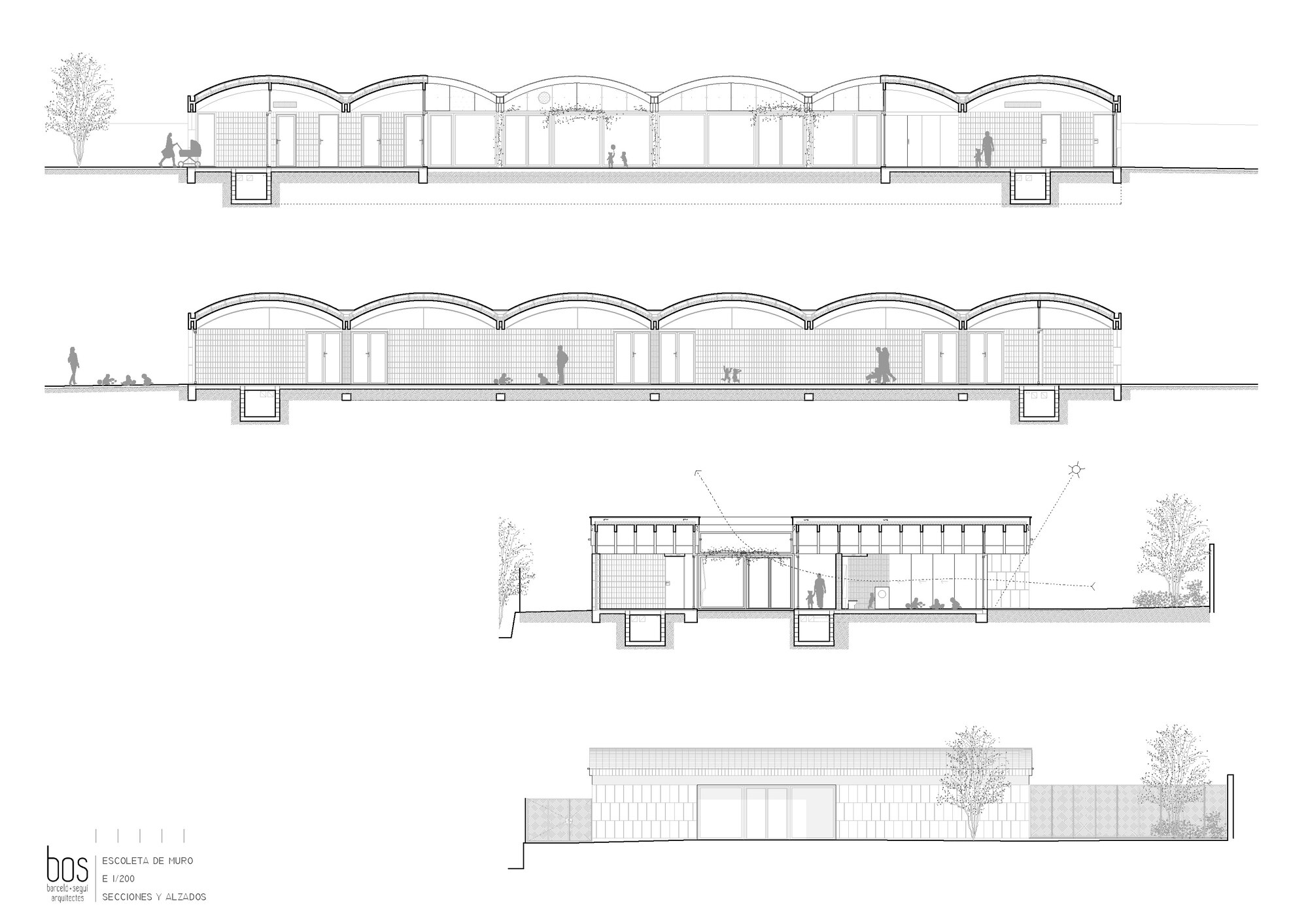 Elevation and section drawings illustrating the repeating barrel vault roof structure with human figures for scale