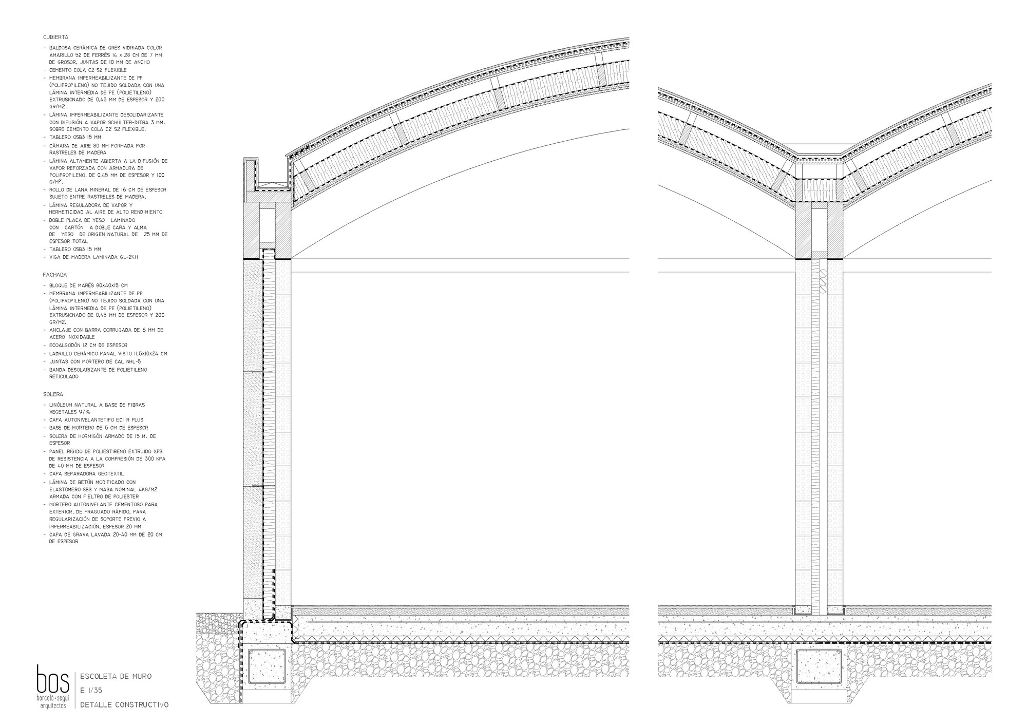Construction detail drawing of the curved roof assembly and vertical column connection at ground level