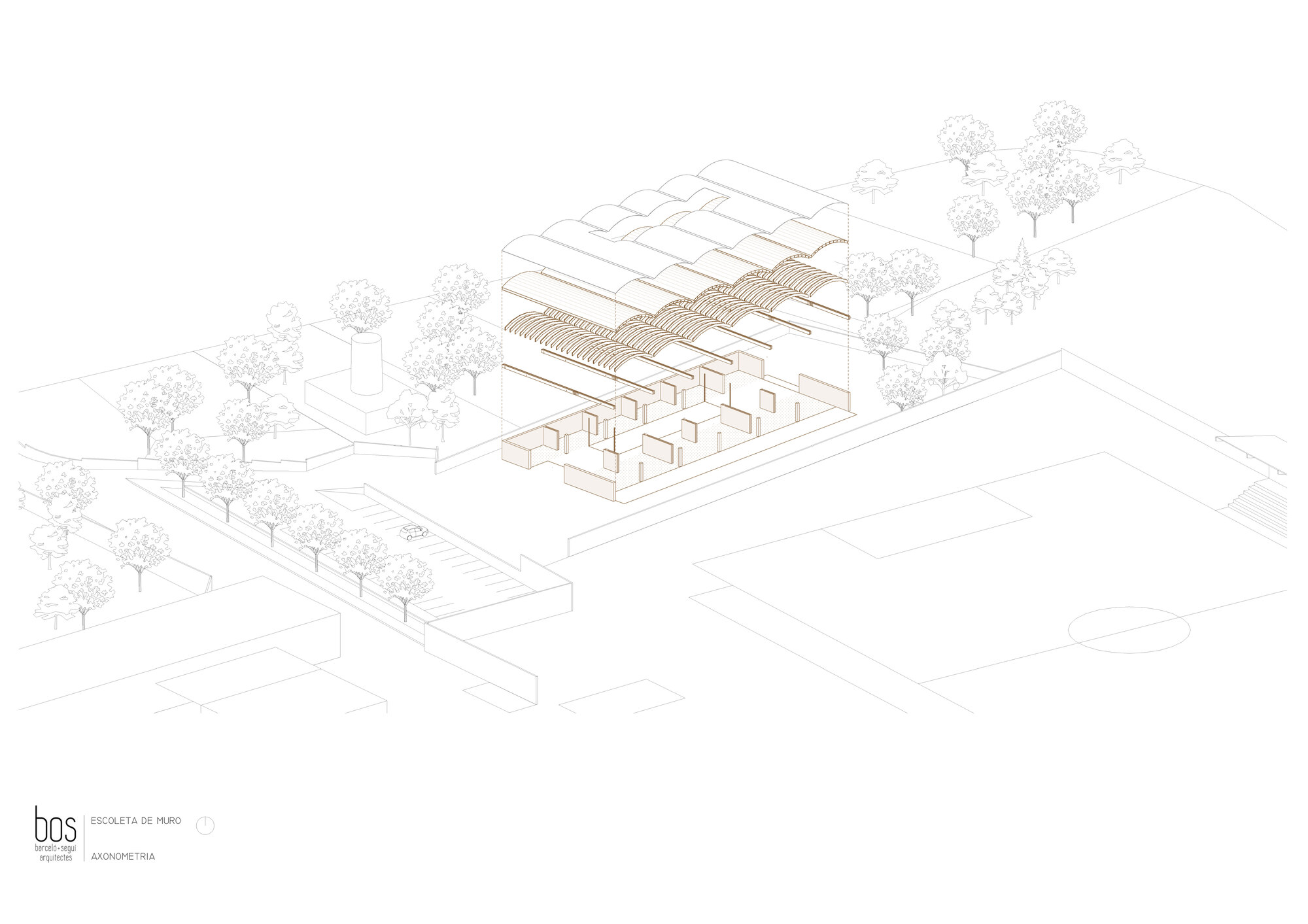 Axonometric drawing of the building complex with a sawtooth roof surrounded by trees