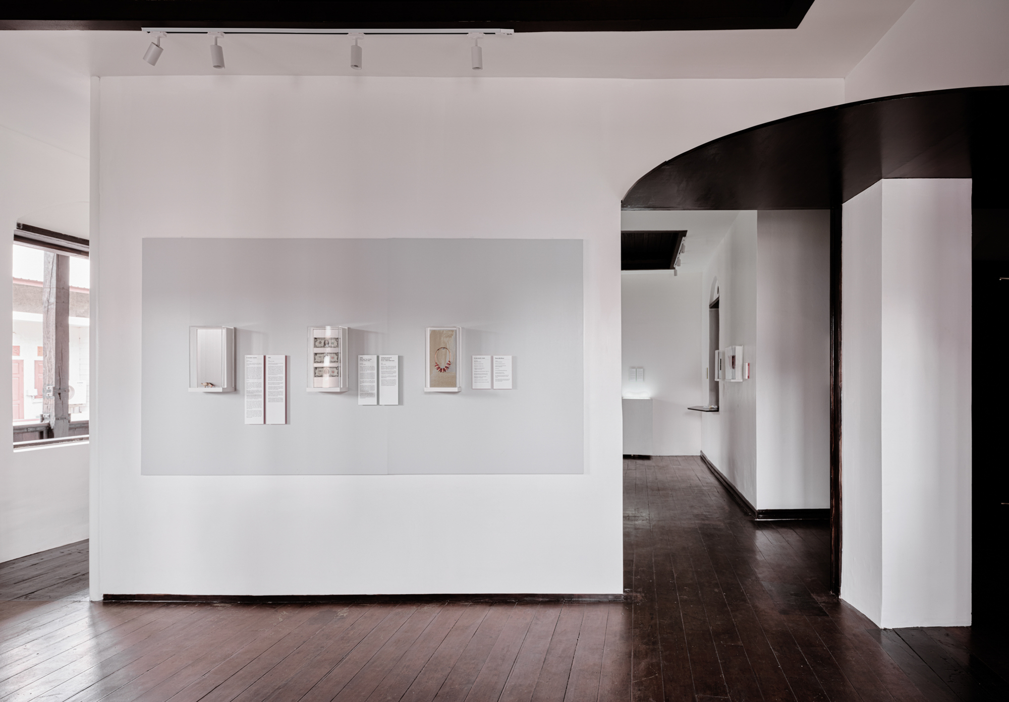 White freestanding gallery wall displaying framed artworks with dark timber flooring and a curved black ceiling insert
