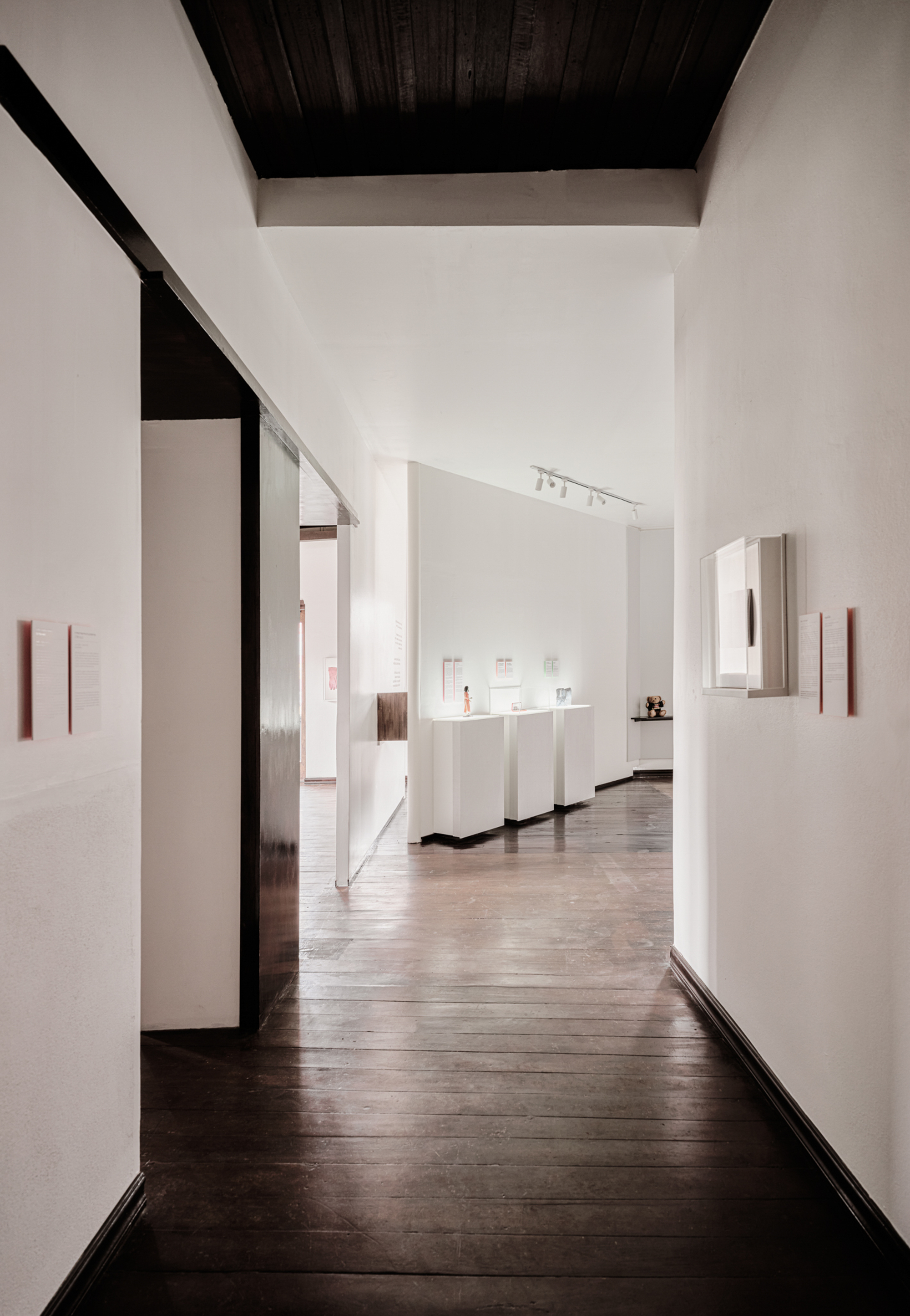 Long gallery hallway with dark timber flooring and a black stained timber ceiling panel overhead