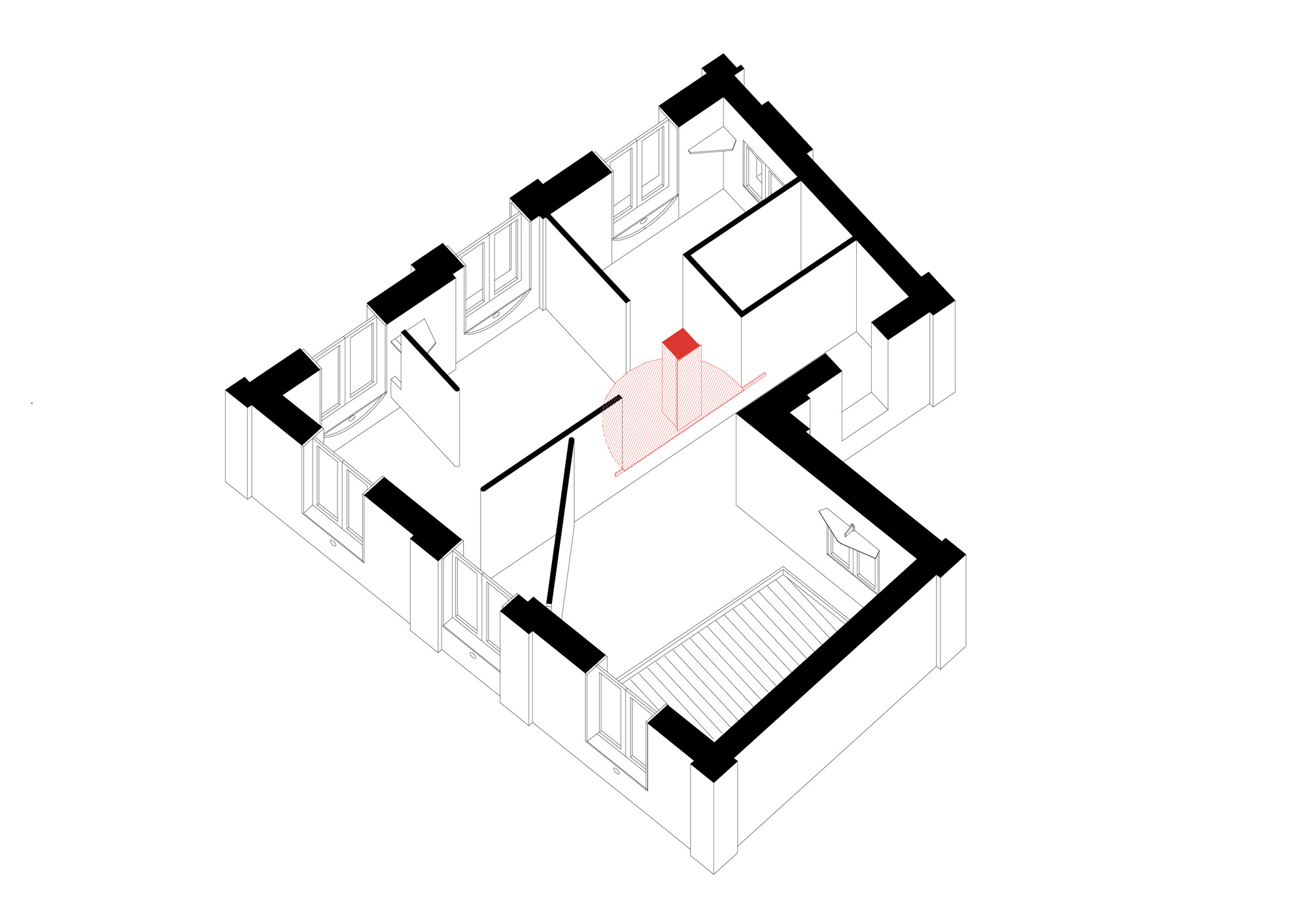 Axonometric drawing showing interior partitions with a pink highlighted central volume