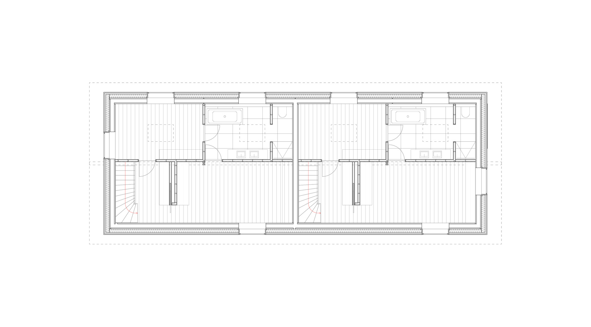 Floor plan drawing showing two symmetrical units each with bathroom, staircase, and bedroom spaces