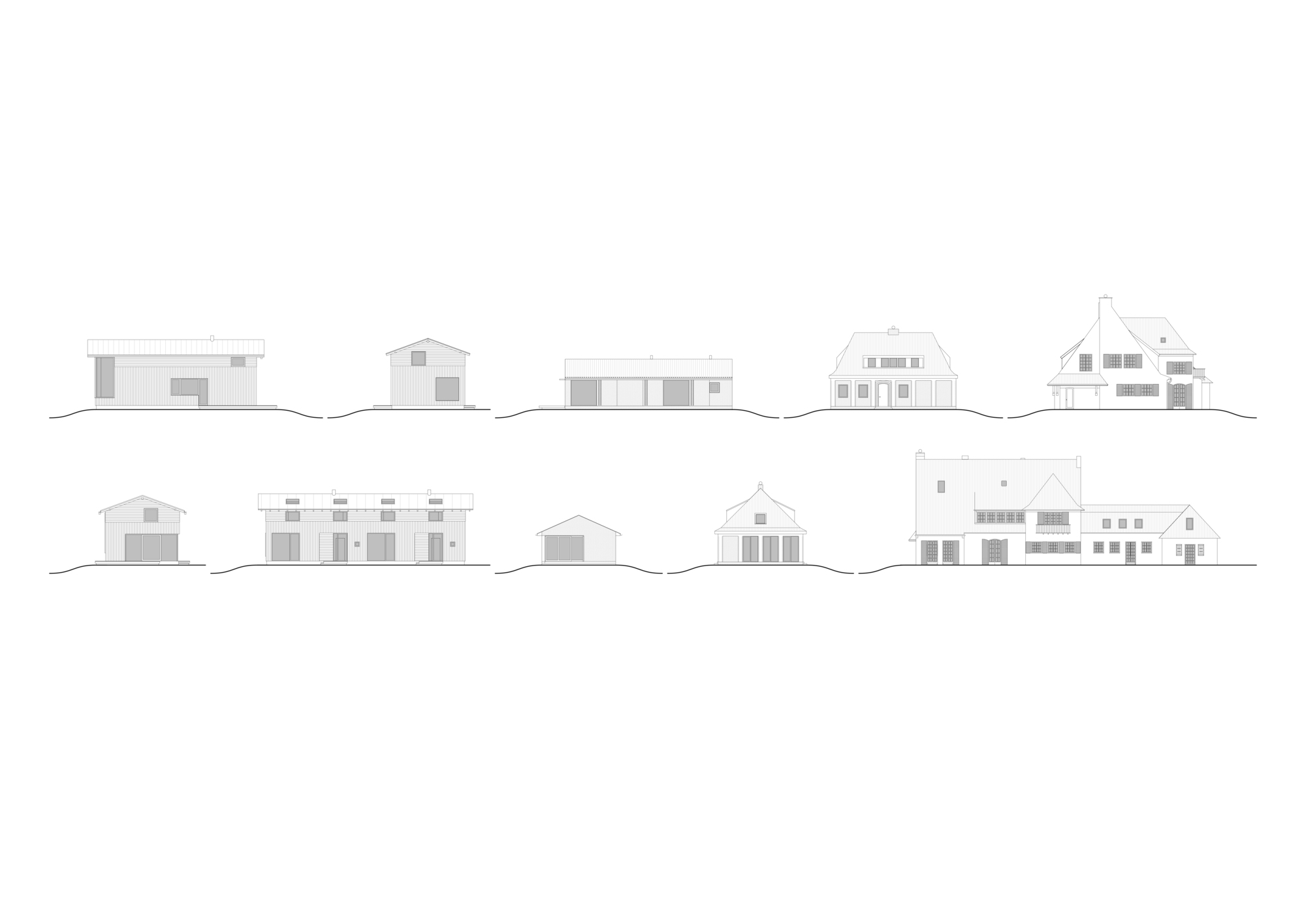 Elevation drawings displaying a row of varied residential structures with pitched roofs and gabled forms