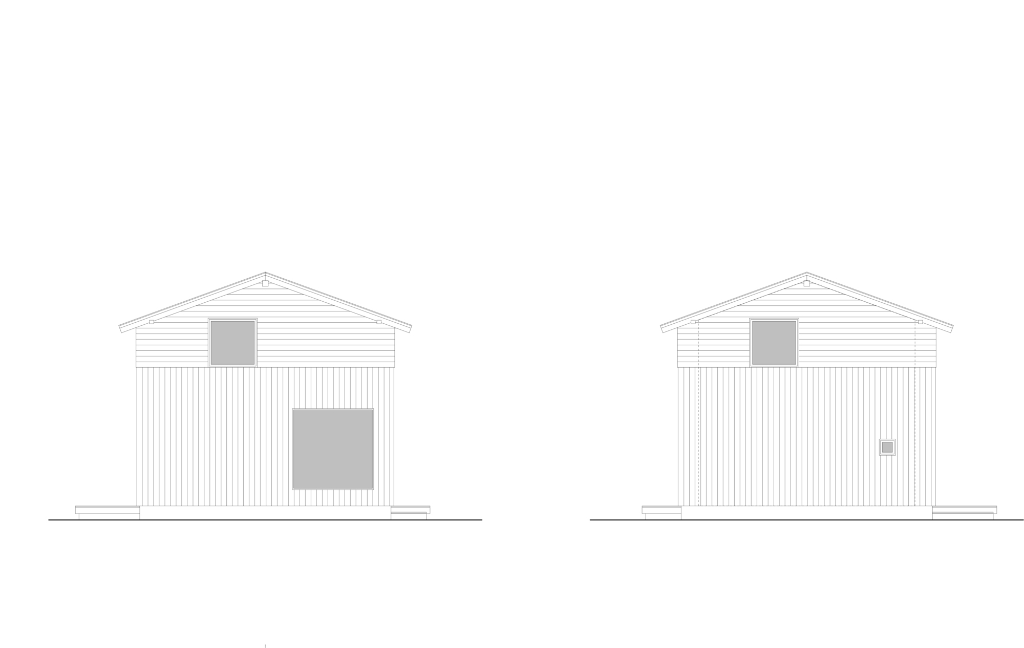 Elevation drawing of a gabled structure with horizontal siding and two square window openings