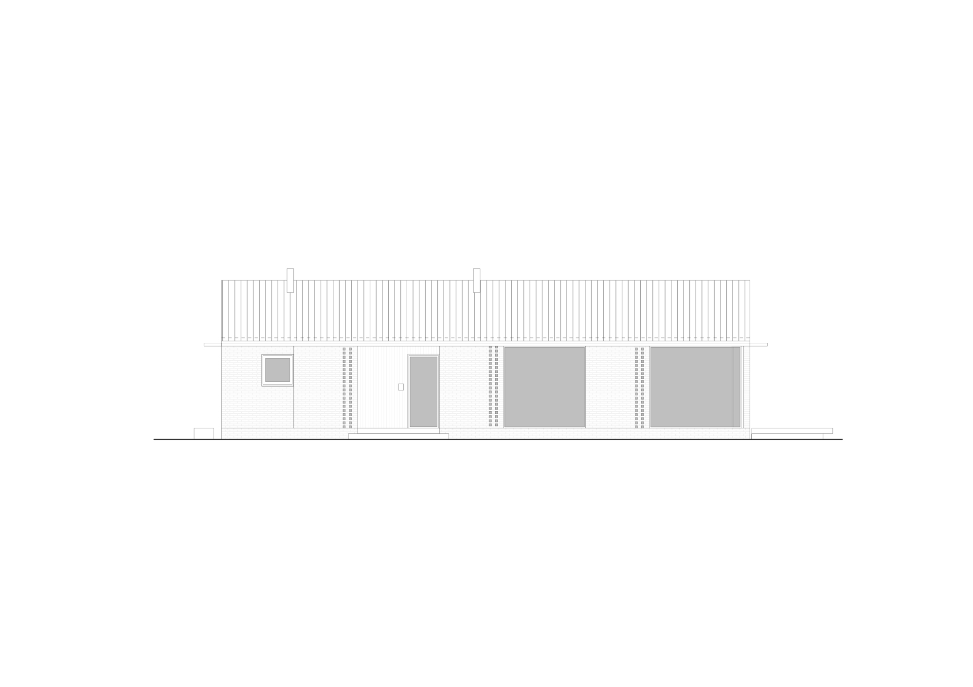 Elevation drawing showing a low-pitched roof with vertical siding and three recessed openings