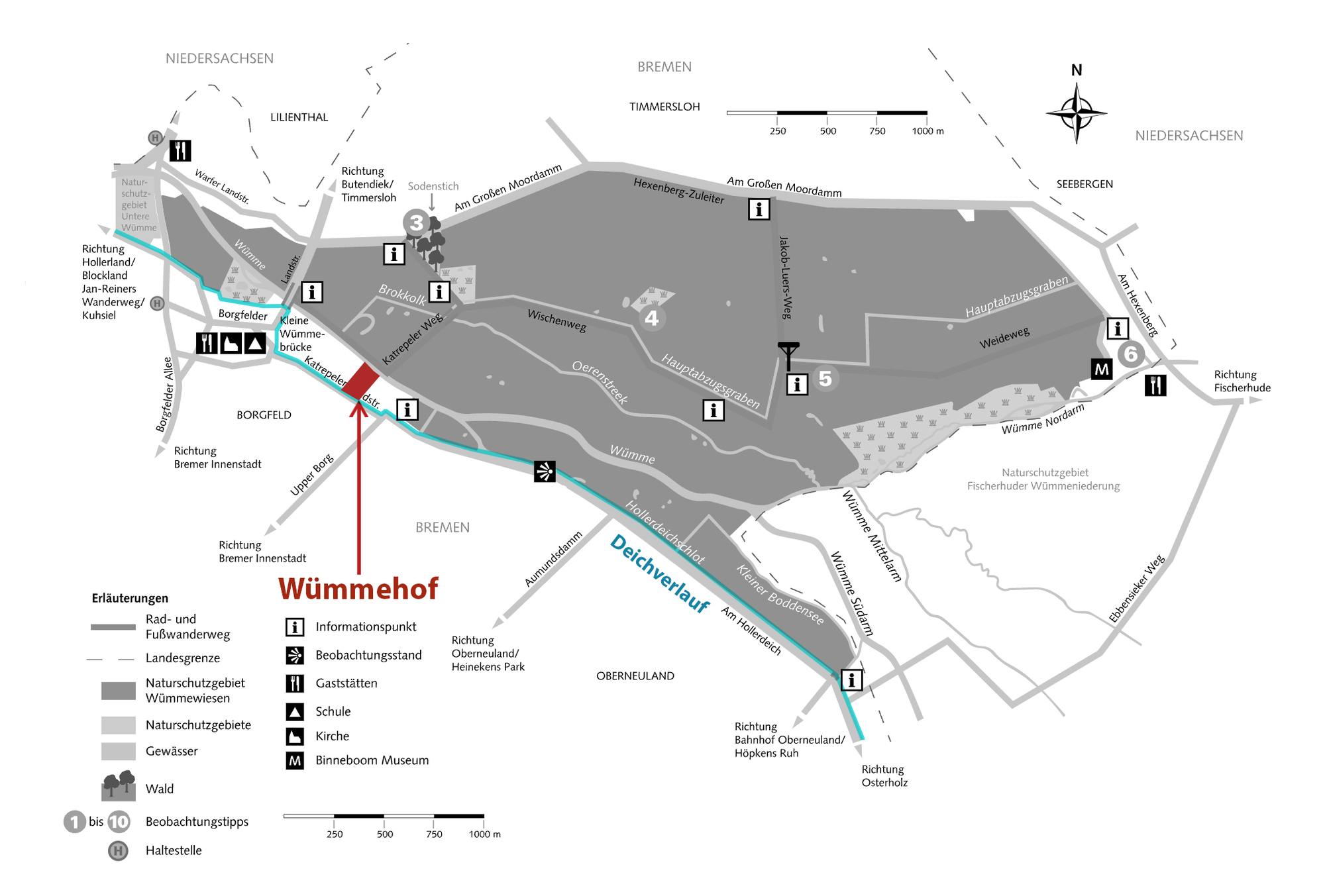 Site plan showing pathways, forested areas, and building locations with legend and scale