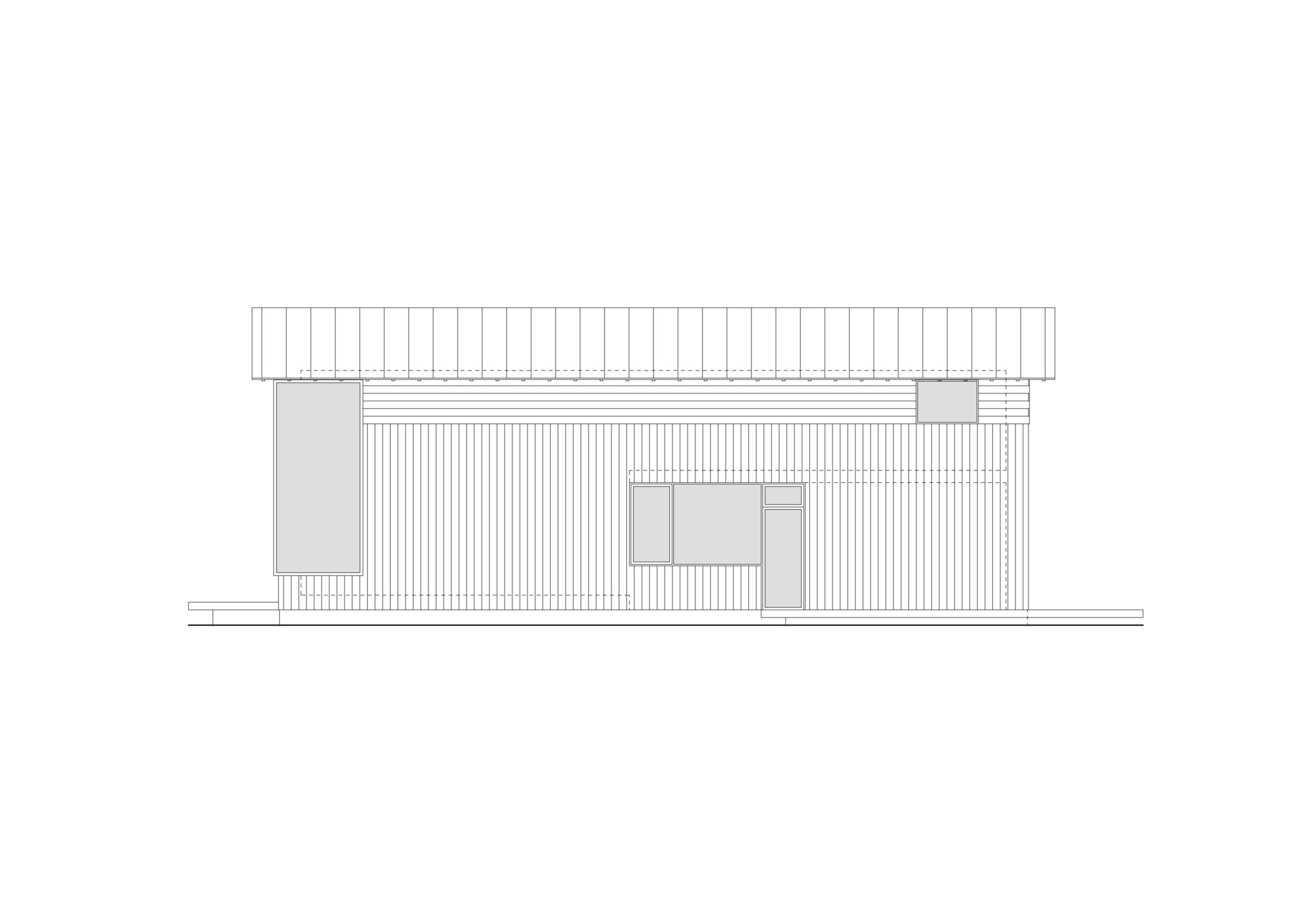 Elevation drawing of a gabled structure with horizontal cladding and a central window grouping