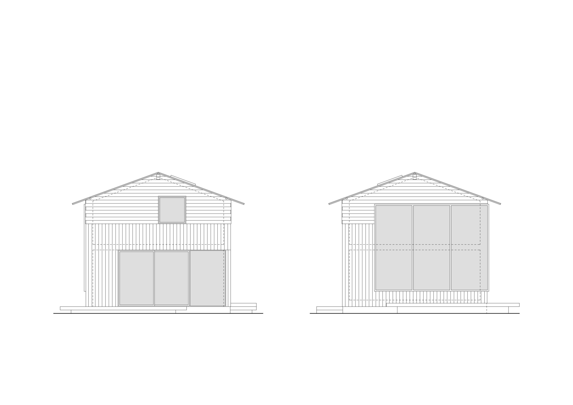 Two elevation drawings of gabled buildings with horizontal siding and large ground-level openings