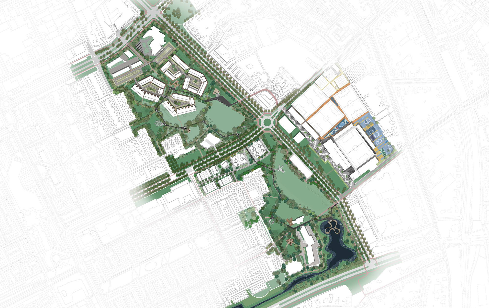 Masterplan drawing depicting residential clusters, green corridors and street networks across the neighborhood