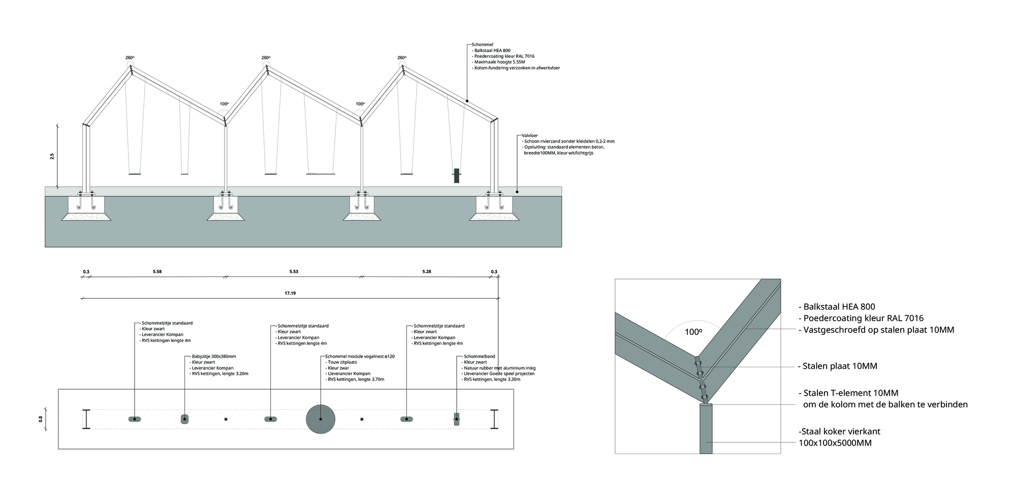 Construction detail drawings of steel column foundations and connection assemblies for gabled roof structures
