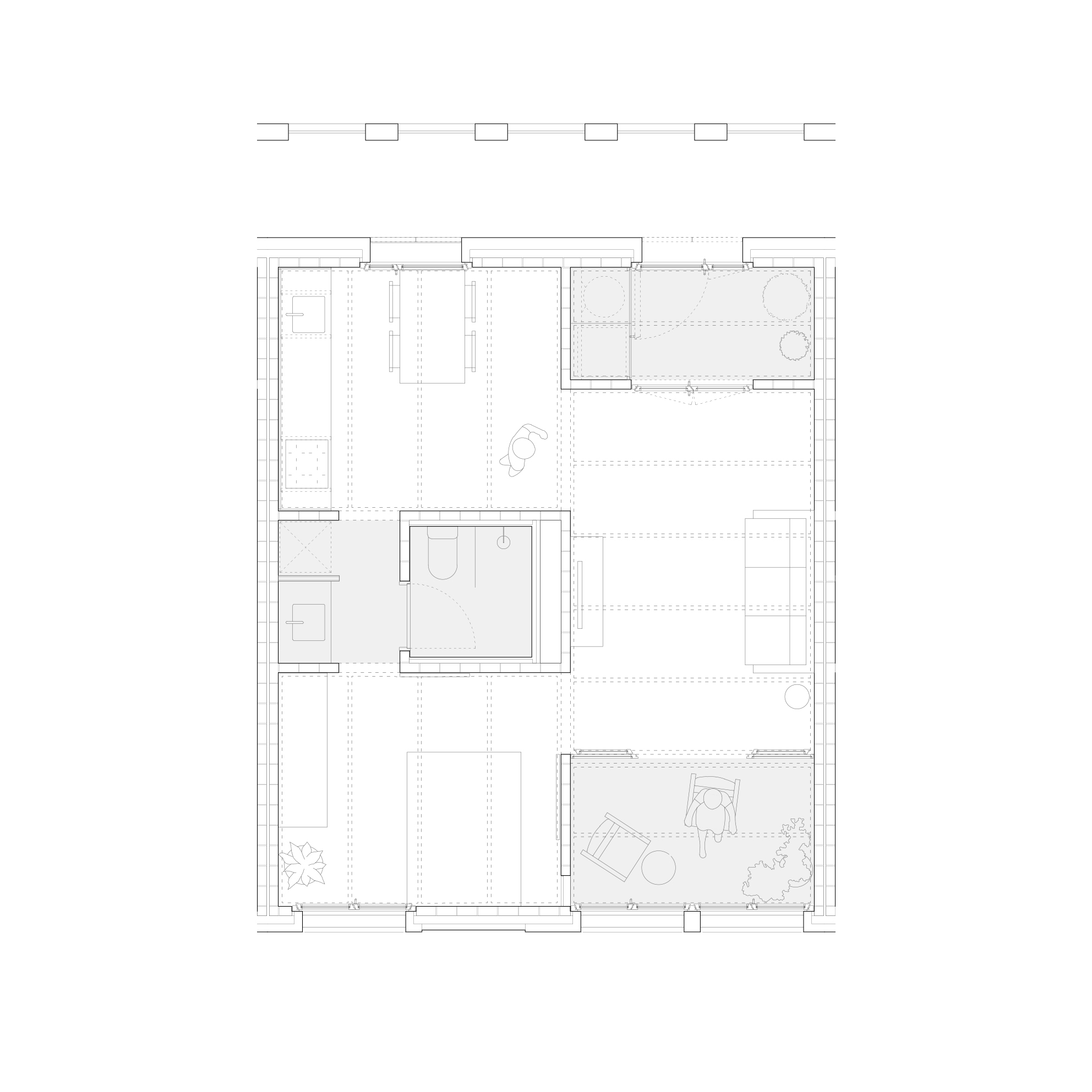 Unit floor plan drawing showing living space, bathroom, sleeping area, and small outdoor terrace with plantings