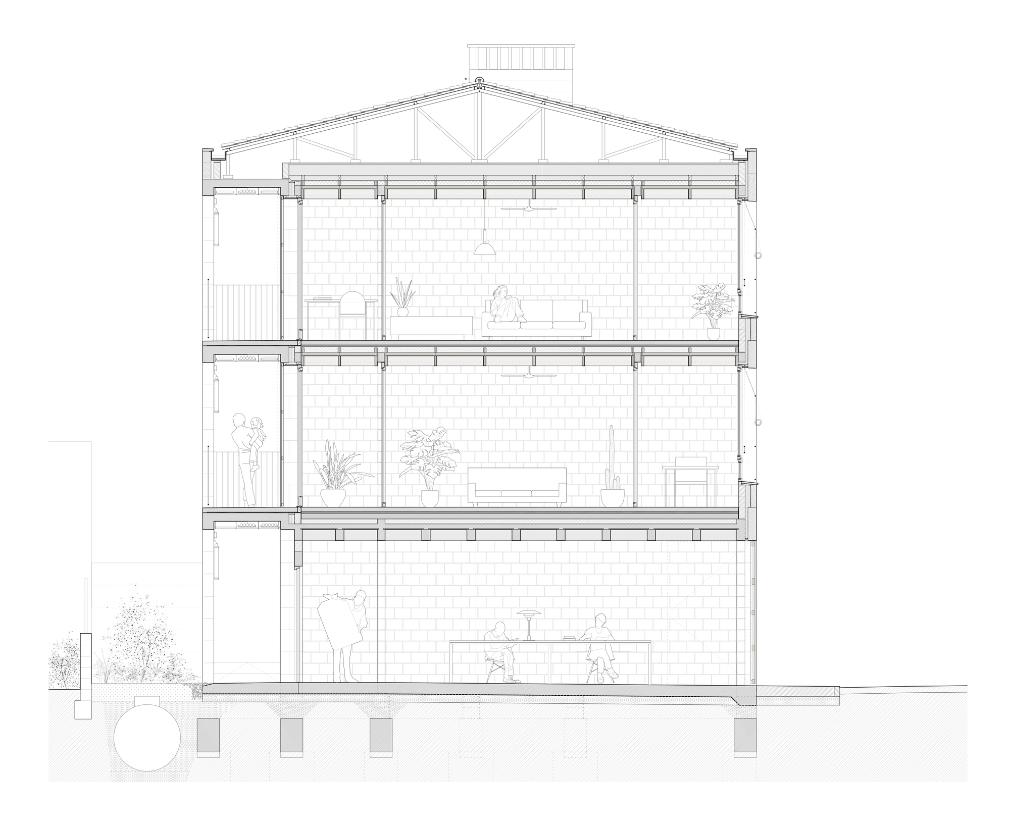 Section drawing showing a three-story structure with exposed timber trusses and interior plantings