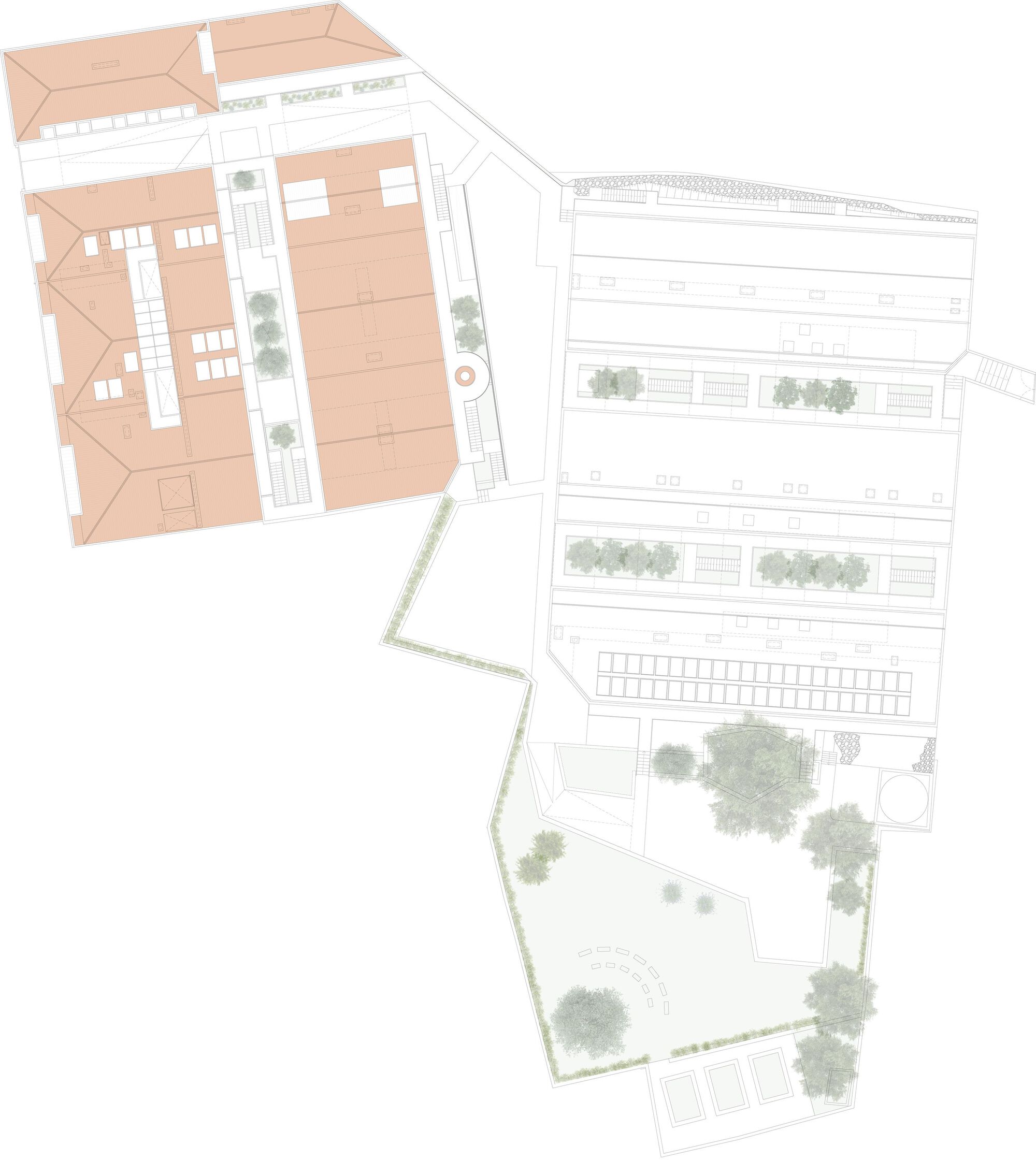 Site plan drawing showing angular building footprints with interior courtyards and tree-lined public spaces