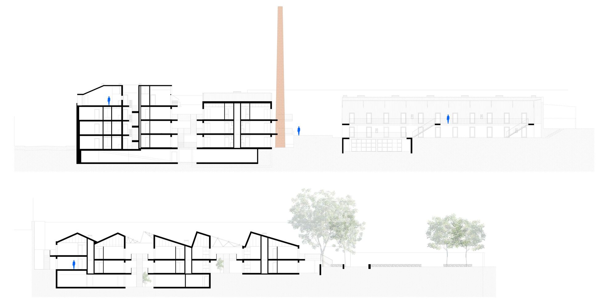 Section and elevation drawings illustrating multi-level volumes with pitched roofs and trees in foreground