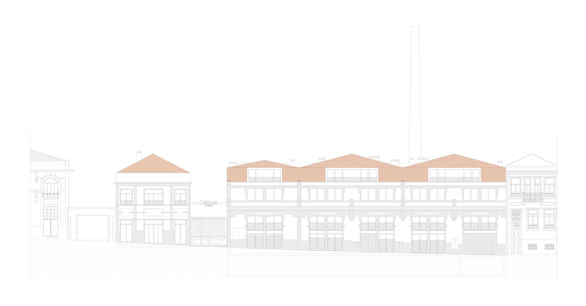 Street elevation drawing depicting three-story building with terracotta tile roofs among adjacent structures